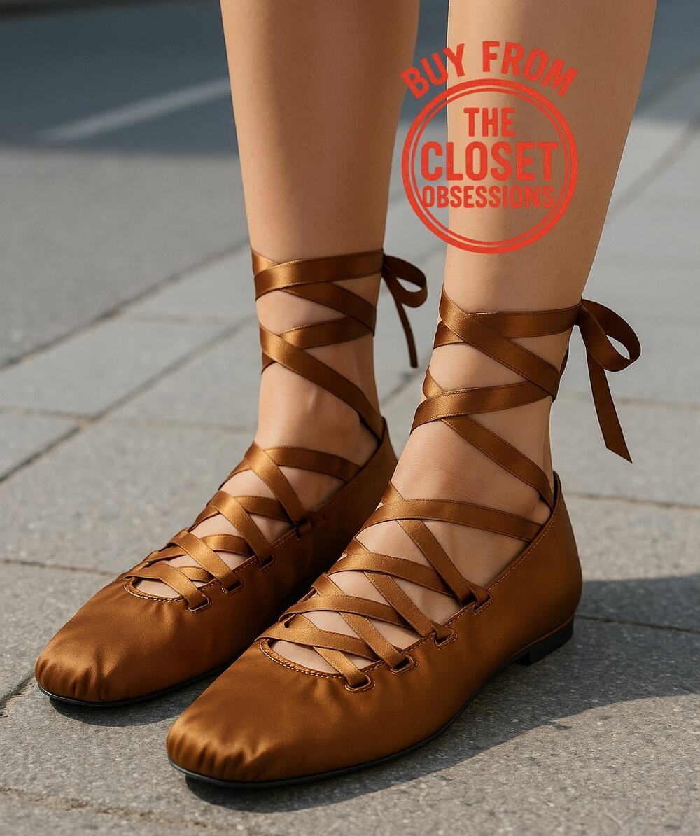 Zara NWT Ochre Brown Lace Up Satin Ballet Flats 7.5